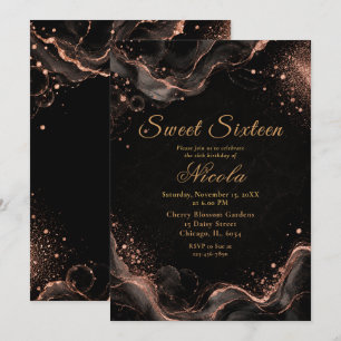 Elegantes Schwarz und Roségold Alkohol Sweet Sixte Einladung
