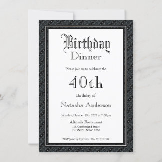 Elegantes Schwarz & Weiß 40. Geburtstag Abendessen Einladung