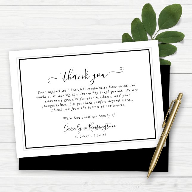 Elegantes Schwarz-Weiß-Beileid Vielen Dank Dankeskarte (Elegant Black and White Sympathy Thank You Card)