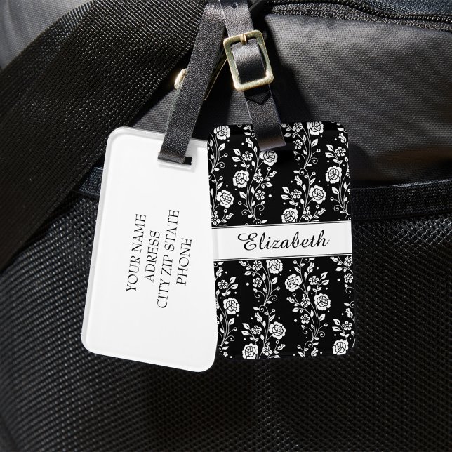 Elegantes Schwarz-Weiß-Blau Gepäckanhänger (Black And White Floral Roses Pattern Name Luggage Tag)