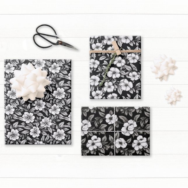 Elegantes Schwarz-Weiß-Blau Geschenkpapier Set (Pretty floral black and white gift wrap will make your gift stand out from the rest.)