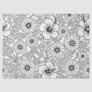 Elegantes Schwarz-Weiß-Blumen-Linienkunstmuster (4 Seidenpapier