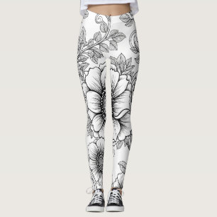 Elegantes Schwarz-Weiß-Blumen-Linienkunstmuster (5 Leggings