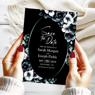 Elegantes Schwarz-Weiß-Blumen-Save-the-Date Einladung