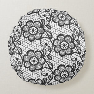 Elegantes Schwarz-Weiß-Blumen-Spitzenmuster Rundes Kissen