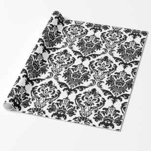 Elegantes Schwarz-Weiß-Blumendamast-Muster Geschenkpapier