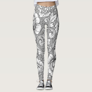 Elegantes Schwarz-Weiß-Blumenlinienkunst-Muster (6 Leggings