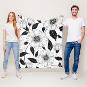 Elegantes Schwarz-Weiß-Blumenlinienkunstmuster (1) Fleecedecke