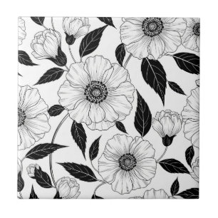 Elegantes Schwarz-Weiß-Blumenlinienkunstmuster (1) Fliese