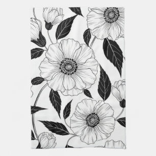 Elegantes Schwarz-Weiß-Blumenlinienkunstmuster (1) Geschirrtuch