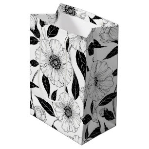 Elegantes Schwarz-Weiß-Blumenlinienkunstmuster (1) Mittlere Geschenktüte
