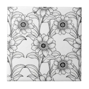 Elegantes Schwarz-Weiß-Blumenlinienkunstmuster (2) Fliese