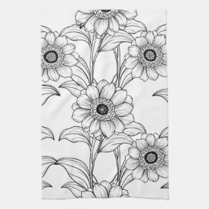 Elegantes Schwarz-Weiß-Blumenlinienkunstmuster (2) Geschirrtuch