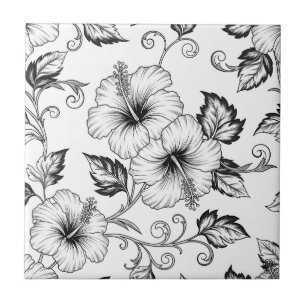 Elegantes Schwarz-Weiß-Blumenlinienkunstmuster (3) Fliese