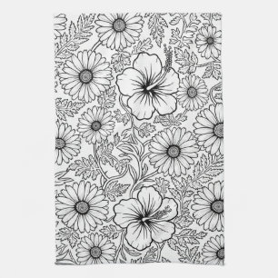 Elegantes Schwarz-Weiß-Blumenlinienkunstmuster (4) Geschirrtuch
