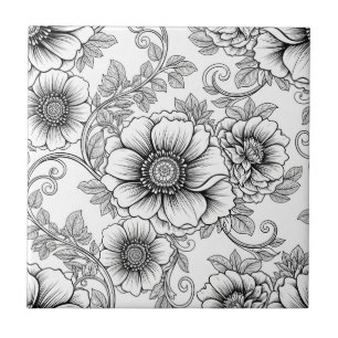 Elegantes Schwarz-Weiß-Blumenlinienkunstmuster (5) Fliese