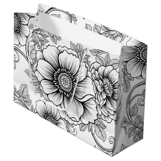 Elegantes Schwarz-Weiß-Blumenlinienkunstmuster (5) Große Geschenktüte (Vorderseite Schrägansicht)