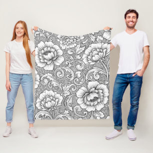 Elegantes Schwarz-Weiß-Blumenlinienkunstmuster (6) Fleecedecke