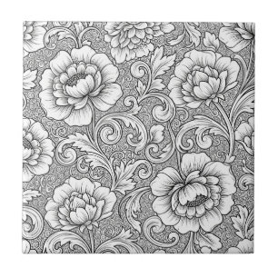 Elegantes Schwarz-Weiß-Blumenlinienkunstmuster (6) Fliese