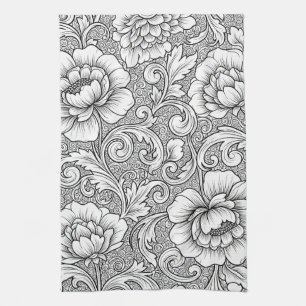 Elegantes Schwarz-Weiß-Blumenlinienkunstmuster (6) Geschirrtuch