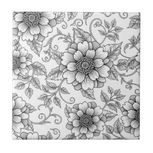 Elegantes Schwarz-Weiß-Blumenlinienkunstmuster (7) Fliese