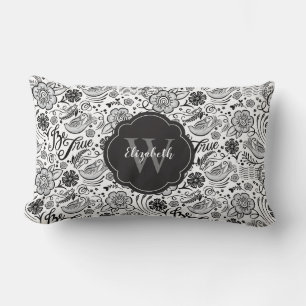 Elegantes Schwarz-Weiß-Blumenmonogramm-Kissen Lendenkissen