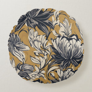 Elegantes Schwarz-Weiß-Blumenmuster auf Senfgold Rundes Kissen