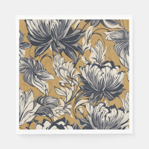 Elegantes Schwarz-Weiß-Blumenmuster auf Senfgold Serviette