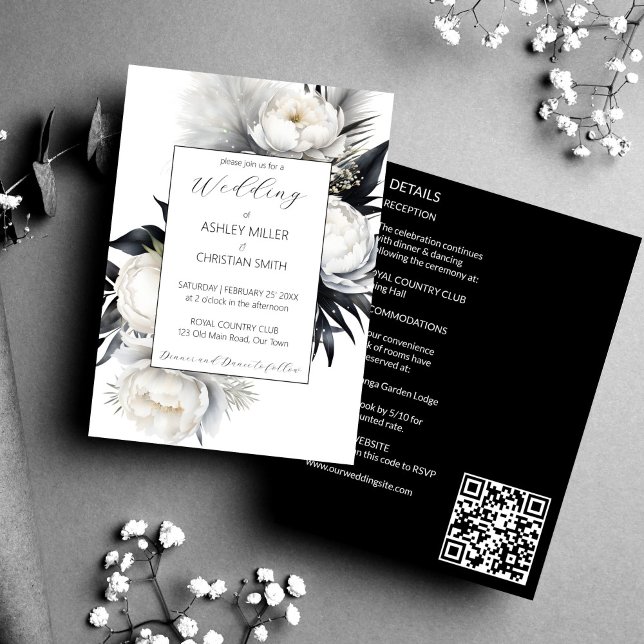 Elegantes Schwarz-Weiß-Boho alle in einer Hochzeit Einladung (Elegant Black and white boho flower all in one wedding editable template Invitation digital download)