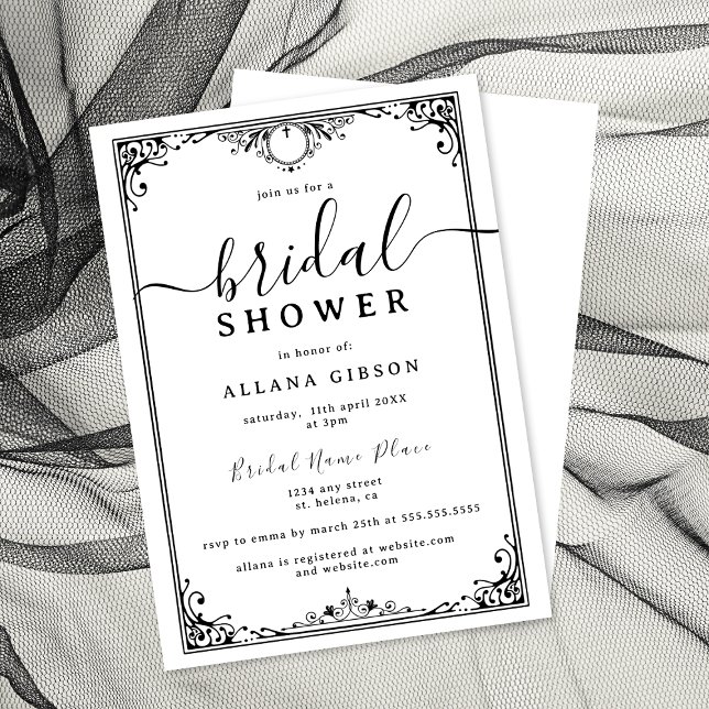 Elegantes Schwarz-Weiß-Brautparty Einladung (Elegant black-and-white bridal shower invitation with ornate border and script.)