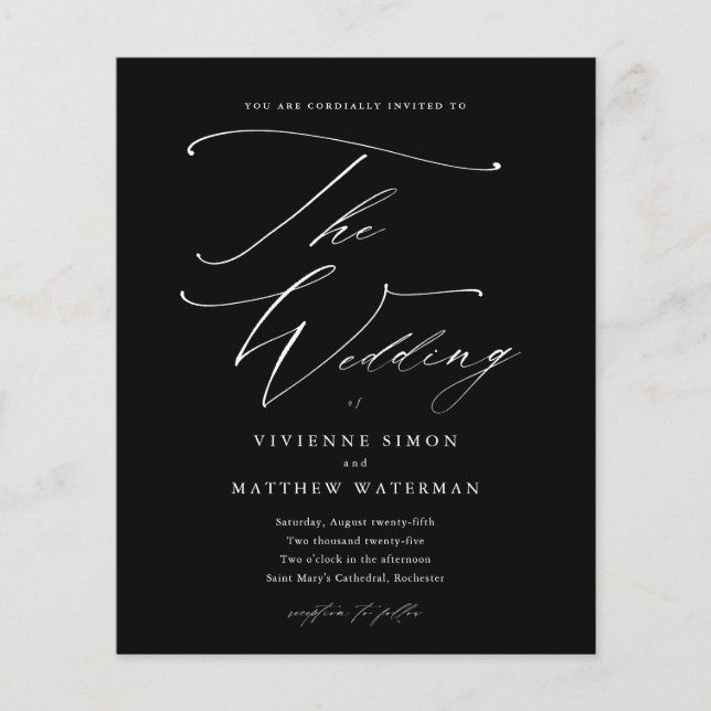 Elegantes Schwarz-Weiß-Budget Einladung zur Hochze (Vorderseite)