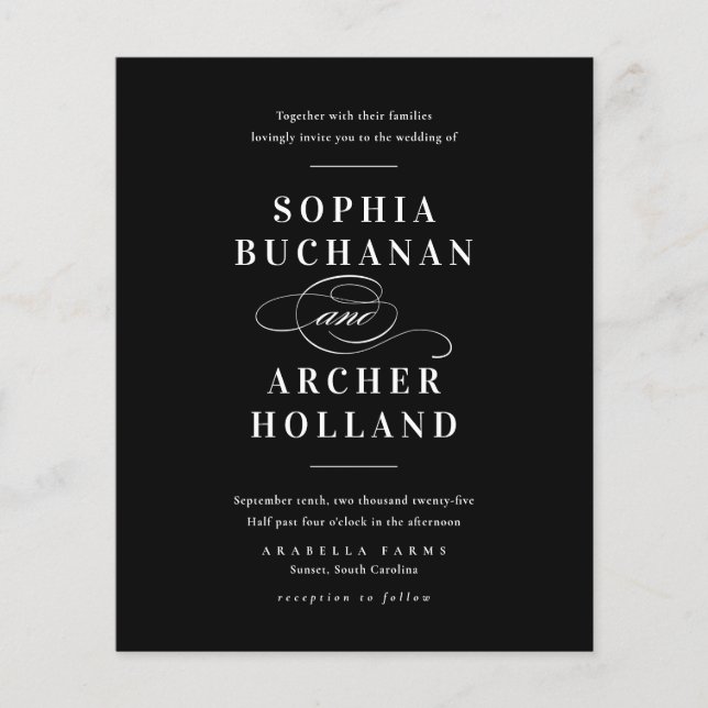 Elegantes Schwarz-Weiß-Budget Einladungen für Hoch (Vorderseite)