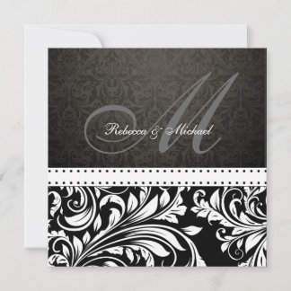 Elegantes Schwarz-Weiß Damask Monogramm Einladung