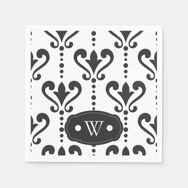 Elegantes Schwarz-Weiß-Damask-Monogramm Serviette (Vorderseite)