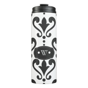 Elegantes Schwarz-Weiß-Damask-Monogramm Thermosbecher