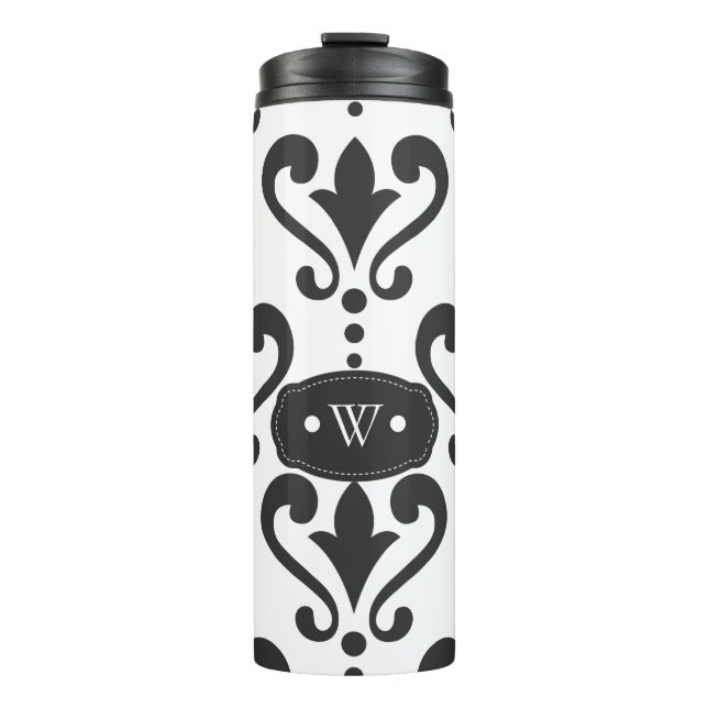 Elegantes Schwarz-Weiß-Damask-Monogramm Thermosbecher (Vorderseite)