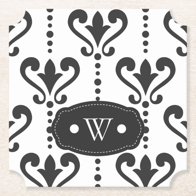 Elegantes Schwarz-Weiß-Damask-Monogramm Untersetzer (Vorderseite)