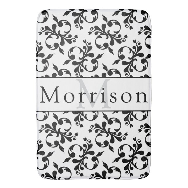 Elegantes Schwarz-Weiß-Damasketmuster Badematte (Vorderseite Vertikal)