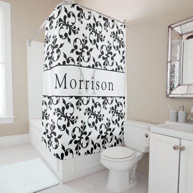 Elegantes Schwarz-Weiß-Damasketmuster Duschvorhang (Beispiel)