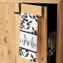 Elegantes Schwarz-Weiß-Damasketmuster Geschirrtuch