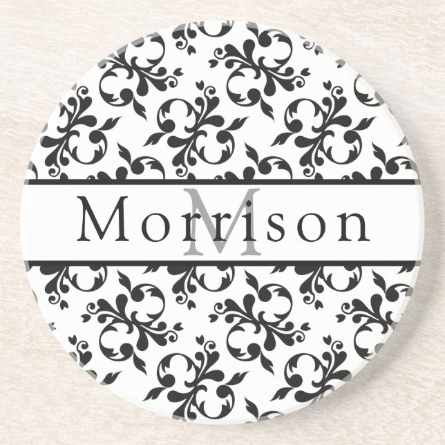 Elegantes Schwarz-Weiß-Damasketmuster Getränkeuntersetzer (Vorne)