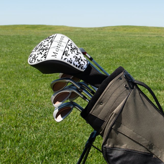Elegantes Schwarz-Weiß-Damasketmuster Golf Headcover (In SItu)