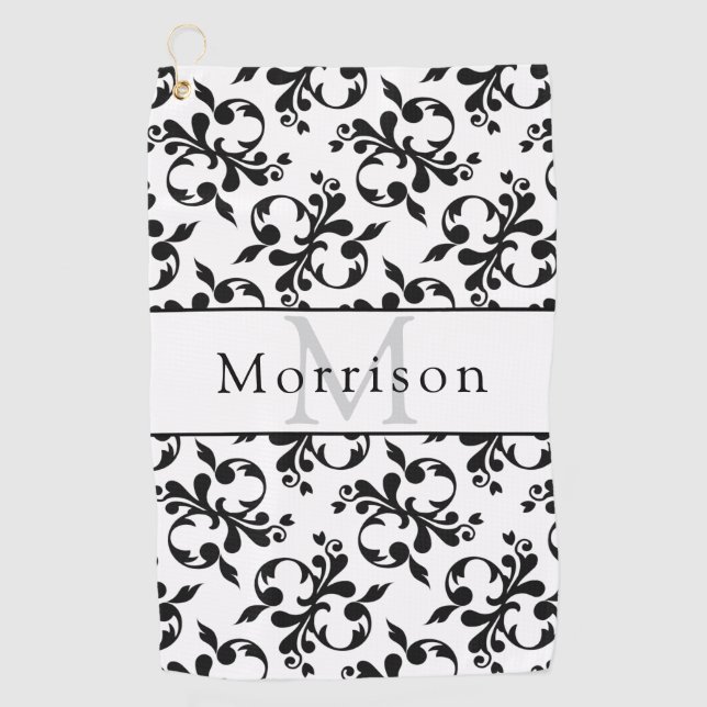Elegantes Schwarz-Weiß-Damasketmuster Golfhandtuch (Vorderseite)