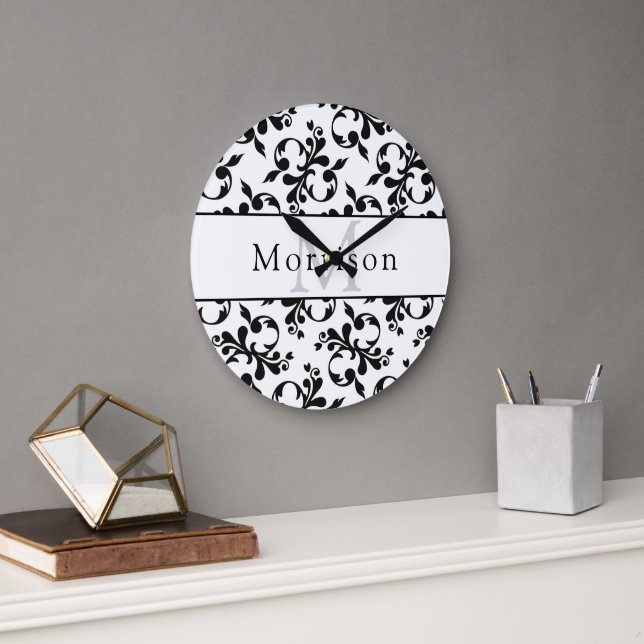 Elegantes Schwarz-Weiß-Damasketmuster Große Wanduhr (Büro)