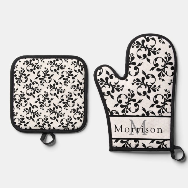 Elegantes Schwarz-Weiß-Damasketmuster Ofenhandschuh & Topflappen-Set (Vorderseite)