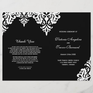 Elegantes Schwarz-Weiß-Damaskus-Hochzeitsprogramm