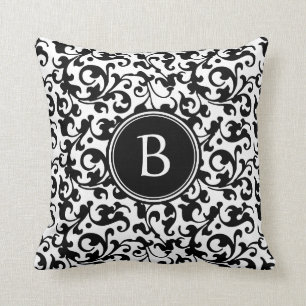 Elegantes Schwarz-Weiß-Damaskus-Rollenmonogramm Kissen