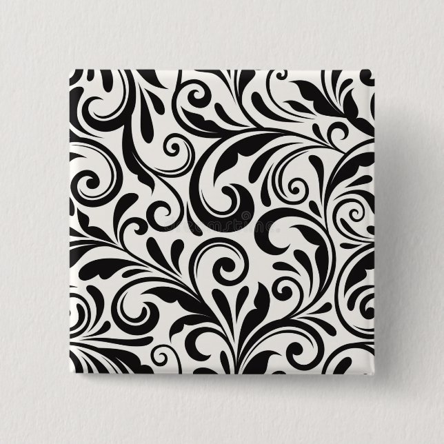 Elegantes Schwarz-Weiß-Damaskus-Rollenmuster Button (Vorderseite)