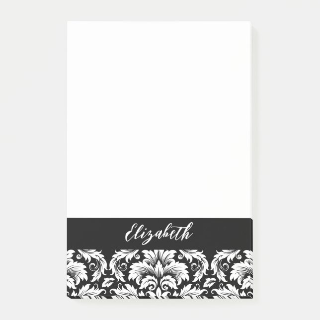 Elegantes Schwarz-Weiß-Damaskusmuster Post-it Klebezettel (Vorderseite)