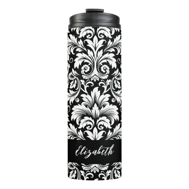 Elegantes Schwarz-Weiß-Damaskusmuster Thermosbecher (Vorderseite)